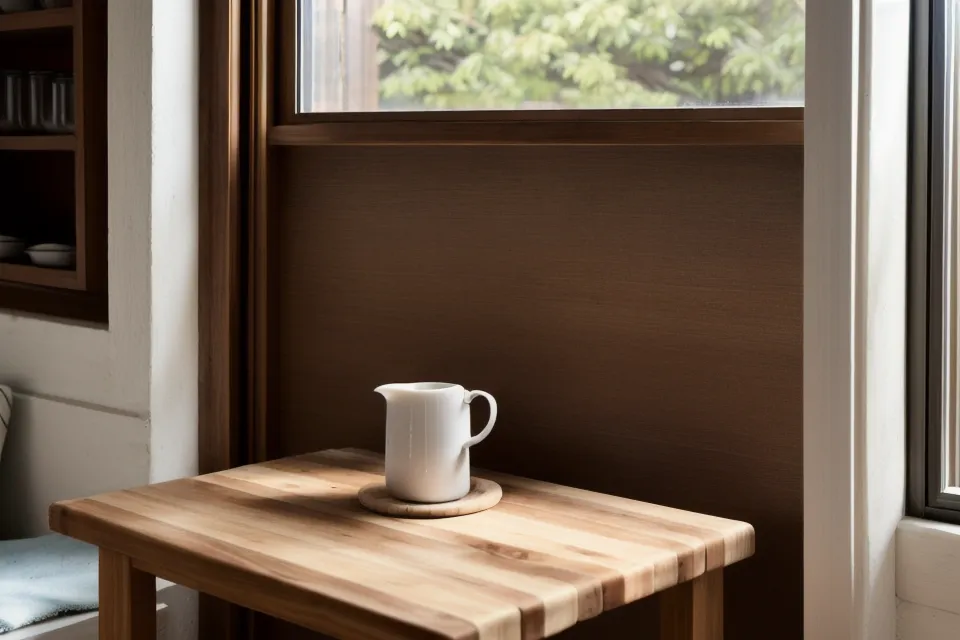 Patio interno con lluvia y tazas de café vacías sobre una mesa.