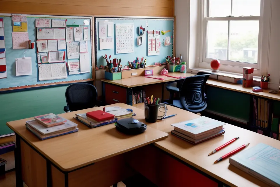 Exámenes de primaria siendo corregidos sobre una mesa de comedor con dibujos infantiles.