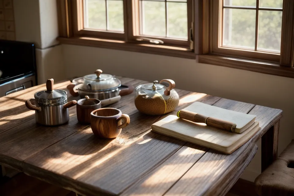Cuaderno abierto en una mesa de madera con luz natural de ventana.