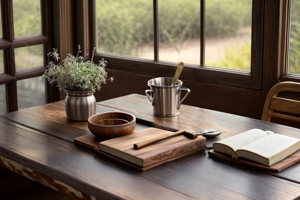 Cuaderno de notas y mate sobre mesa de cocina